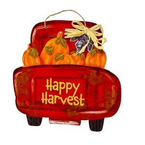 Happy Harvest Red Truck Pumpkin Wall Hanging Fall Autumn Farmhouse Decor Sign